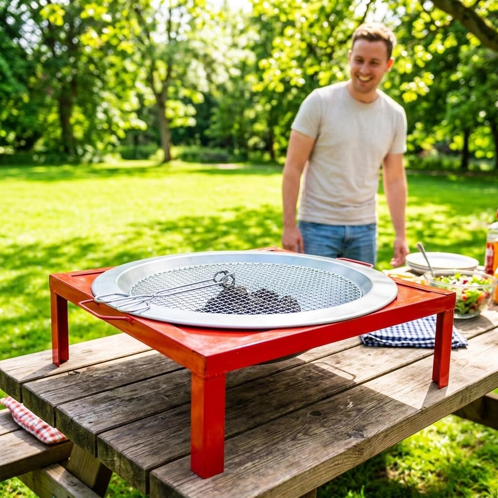 Barbacoa Carbón Plegable, Parrilla Portátil Metal, para Exterior, con Pinzas, Parrilla de carbón con marco rojo de 43cm, bandeja de 46cm y rejilla, incluye pinzas para barbacoa