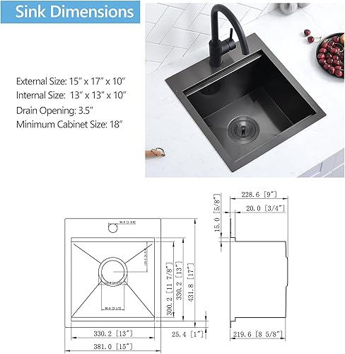 Miniatura 29 de Scamall SM021-1SBG - Fregadero de cocina de acero inoxidable negro de calibre 15, 15 x 15 x 9 pulgadas, fregadero de cocina pequeño con estación