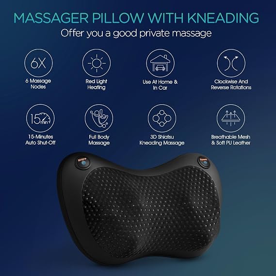 Shiatsu Neck and Back Massager with Heat - 3D Kneading Deep Tissue Massage Pillow for Lower Back, Shoulder, Calf, Foot, Use at Home, Car, Office YZ100