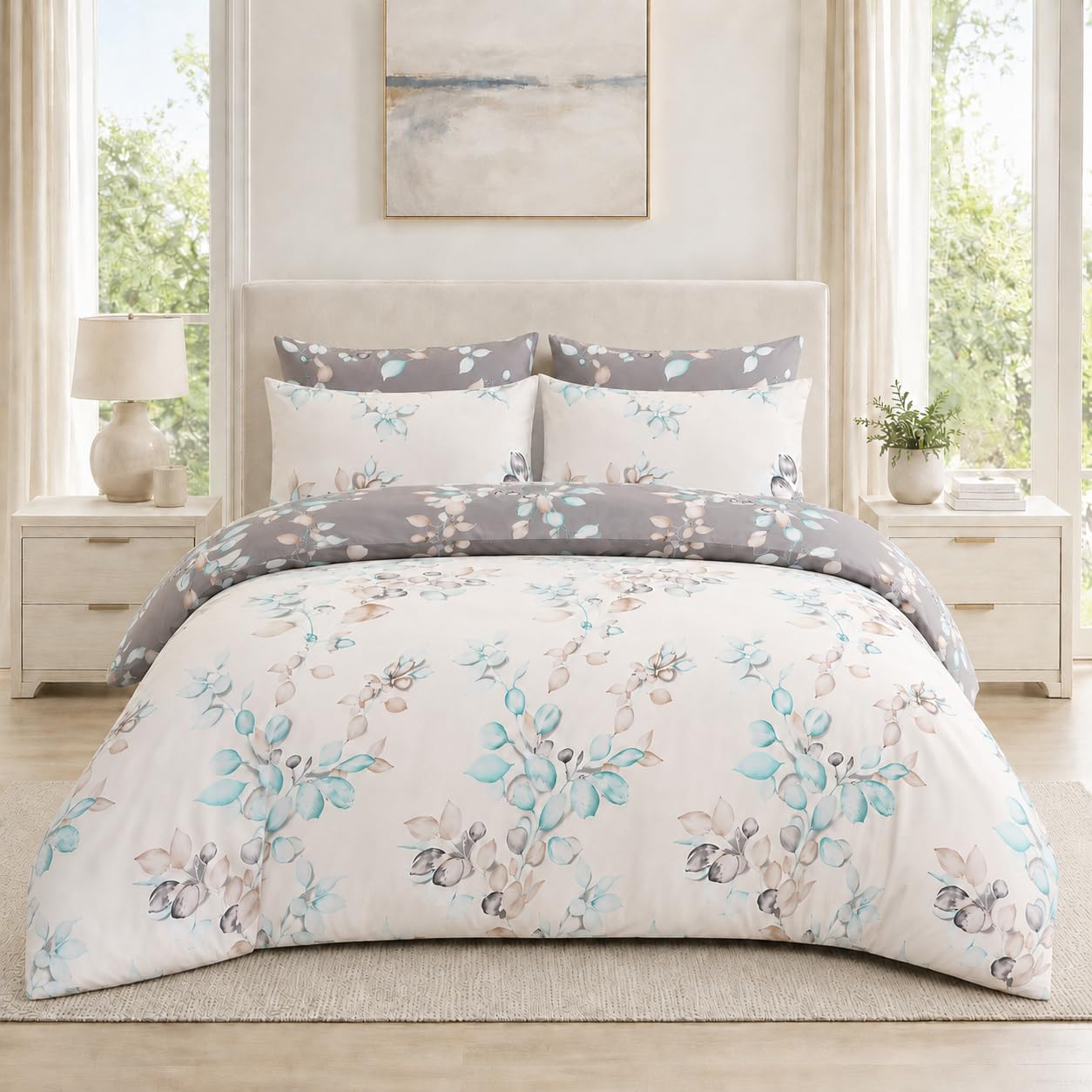 MK Home Textile King Size Duvet Cover Sets Premium Printed Reversible Floral Design Soft Brushed Microfibre Bedding Sets King Size with Pillowcases Easy Care Machine Washable (King, Multi Leaves)