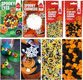 Cake Décor Halloween Cake Decorations with Spooky Edible Eyes, Edible Wafer Cobwebs, Halloween Sprinkles Megamix, Bat & Pumpkin Sprinkles | Edible Halloween Cake Decorations