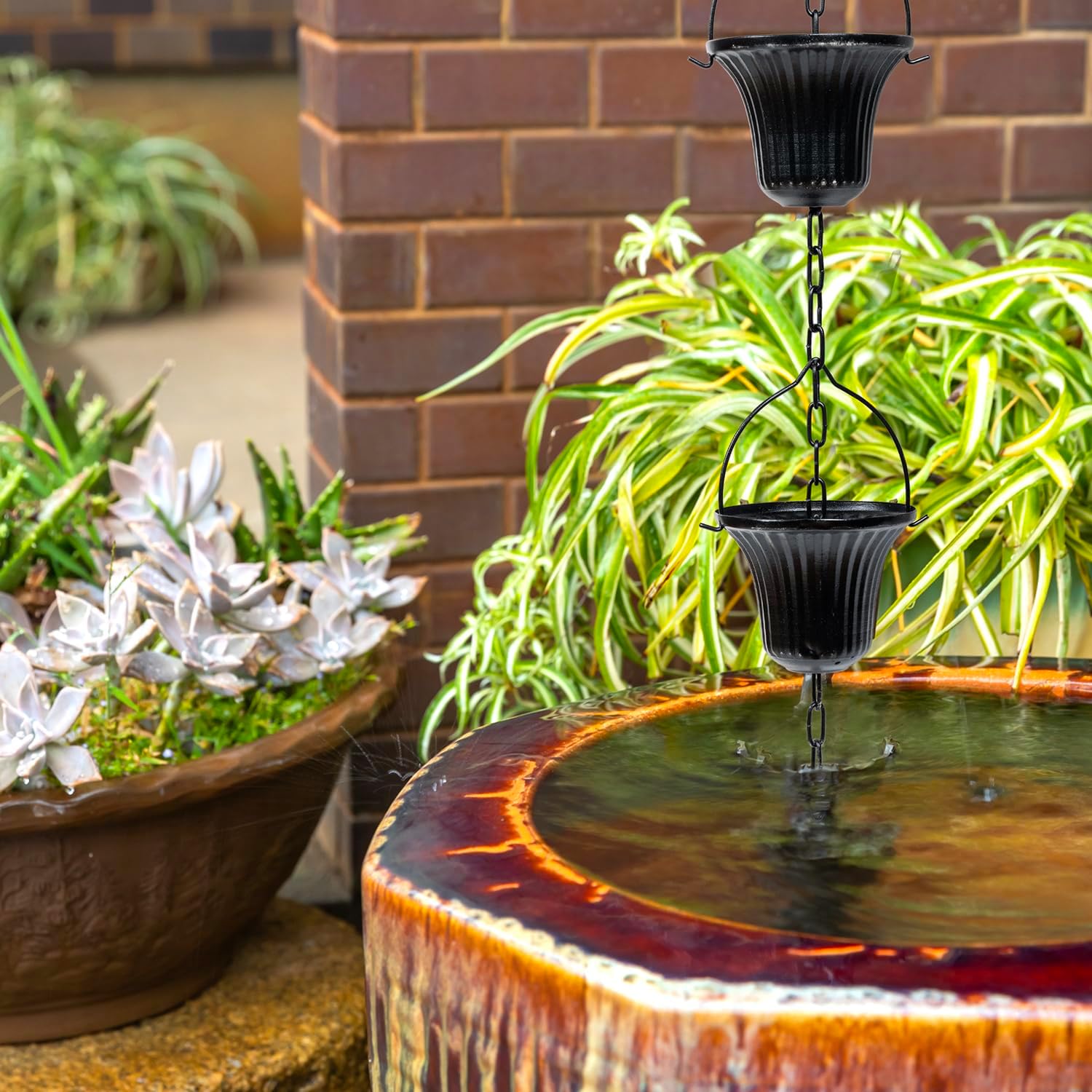 MyGift 10 ft Decorative Rain Chains with 15 Ribbed Bell Cups and V-Hook, Black Metal Rainwater Downspout Replacement for Outside House Gutter Drain Spout