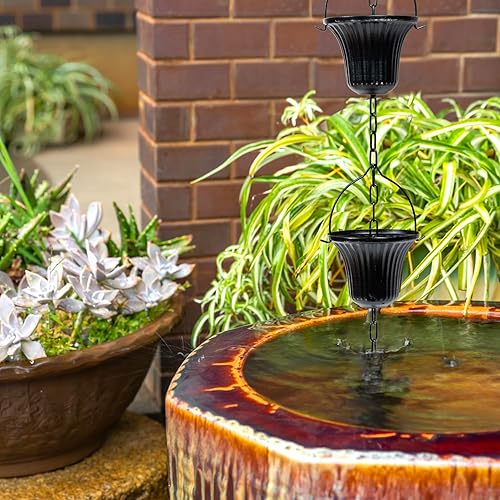 Miniatura 4 de MyGift Cadenas de lluvia decorativas de 10 pies con 15 copas de campana acanaladas y gancho en V, repuesto de metal negro para canalón de drenaje de