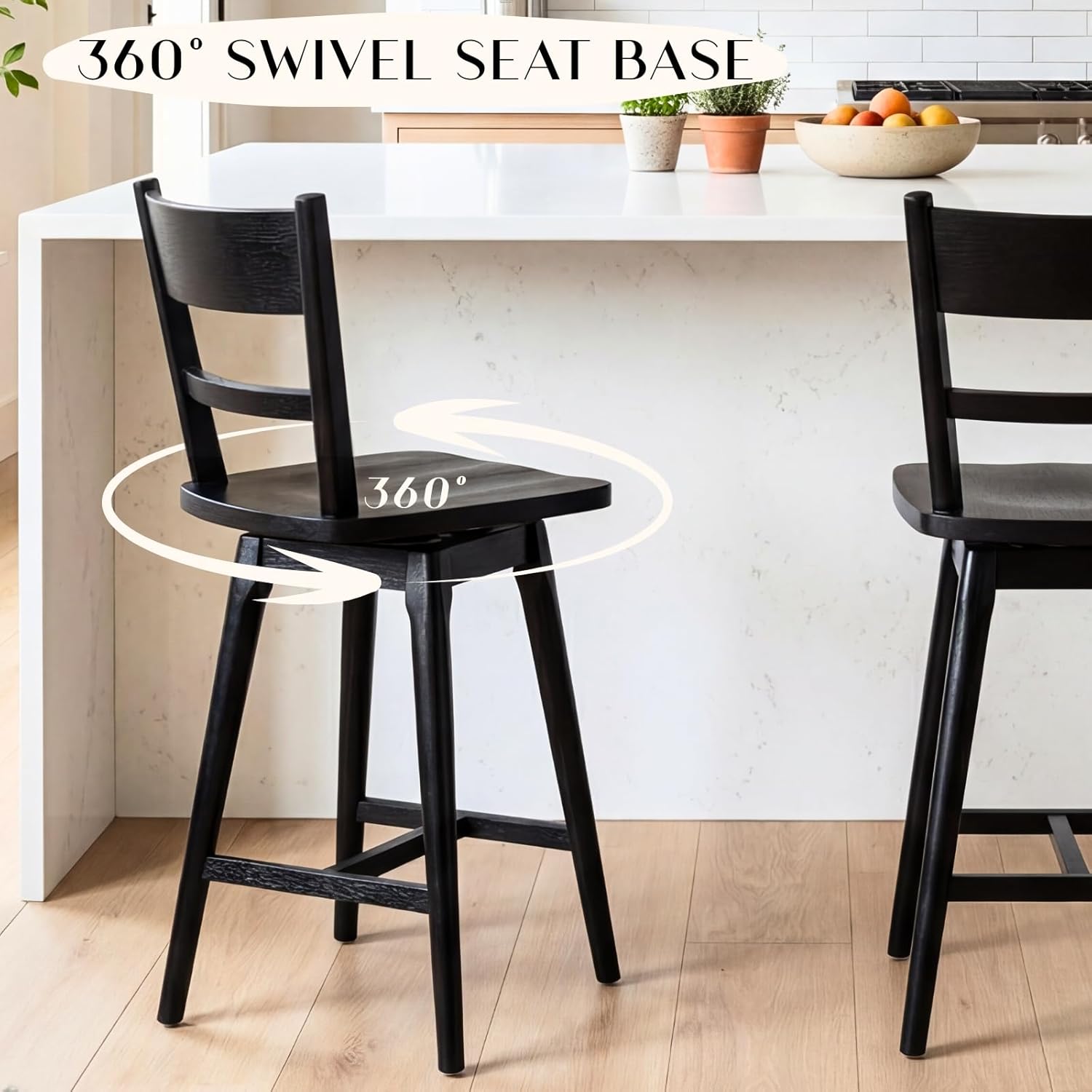 CIMOTA Swivel Counter Height Bar Stools Set of 4, 24.5" Mid-Century Modern Barstools with Solid Wood Back & Seat, Kitchen Island Bar Chairs for Dining Room, Black Wood Finish