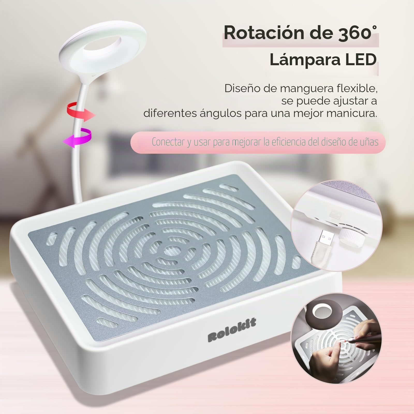 Rolokit Colector de polvo de uñas con lámpara y 50 filtros desechables y cepillo de polvo, aspiradora eléctrica de uñas, ventilador de polvo, máquina de succión para manicura, esmalte de uñas de gel
