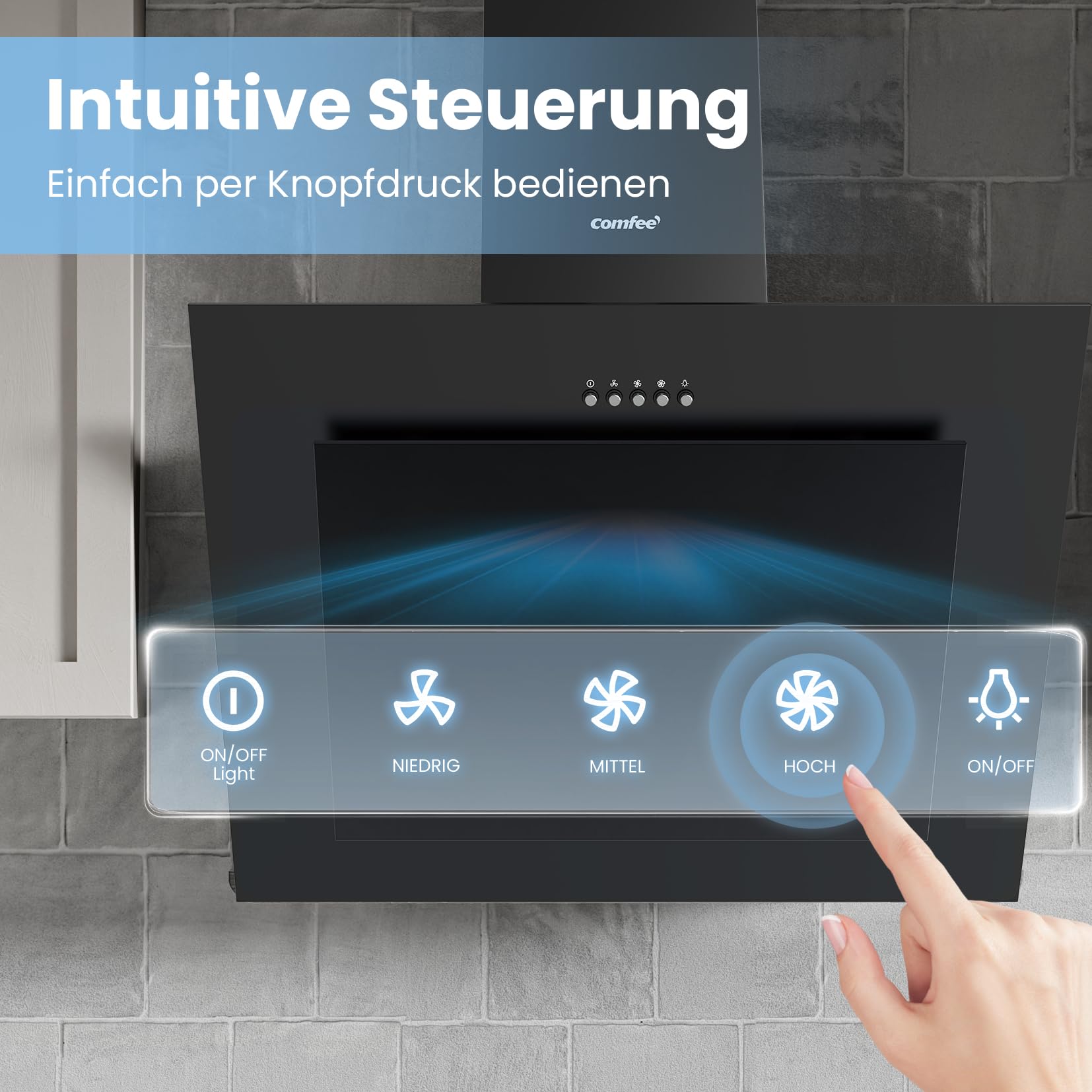 COMFEE' CH60J78EM4A2B Dunstabzugshaube 60cm A++, Kopffreihaube 380m³/h Umluft Abluft LED Aktivkohlefilter Schwarz