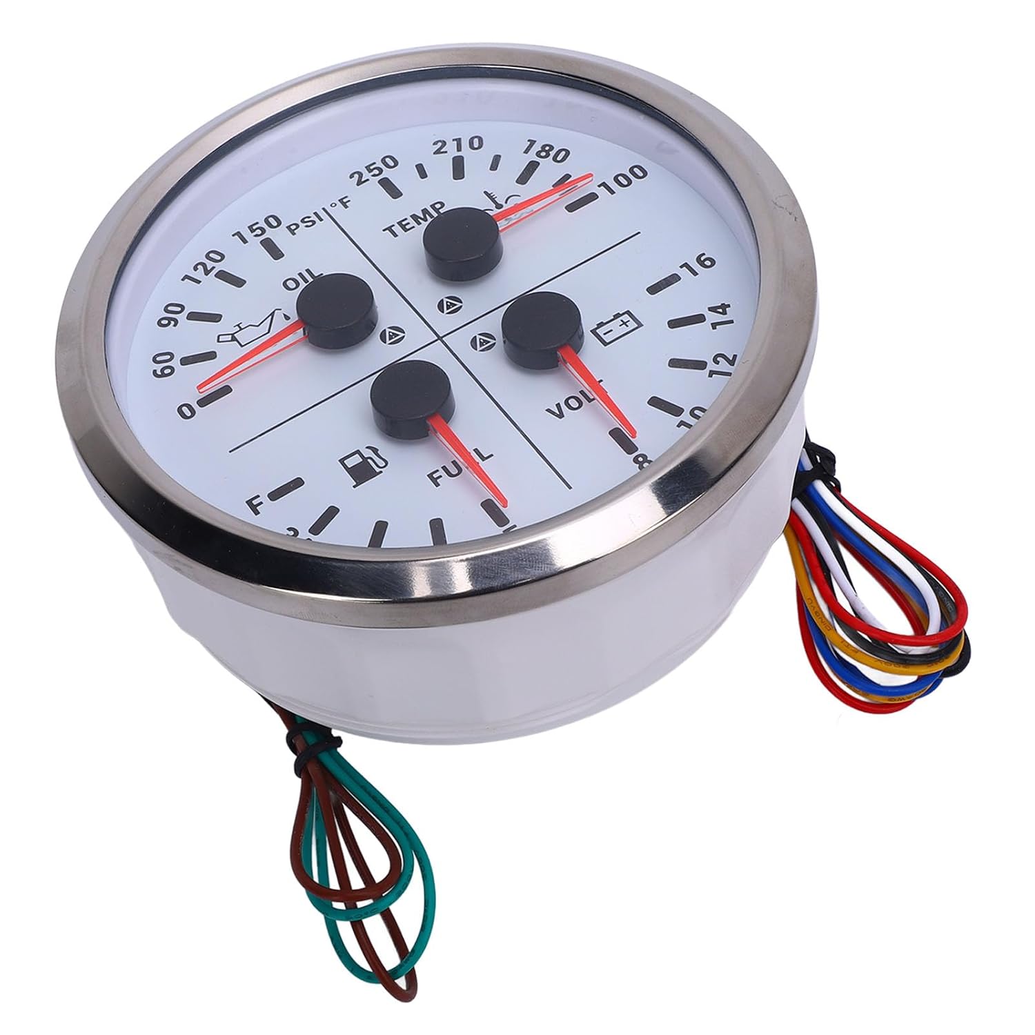 110mm 4 3/8in 4 in 1 Multifunction Gauge DC 12V 0-150PSI Oil Pressure Fuel Level 100-250℉ Water Temp 8-16V Voltmeter for RV Boat Truck (White Dial Silver Bezel)