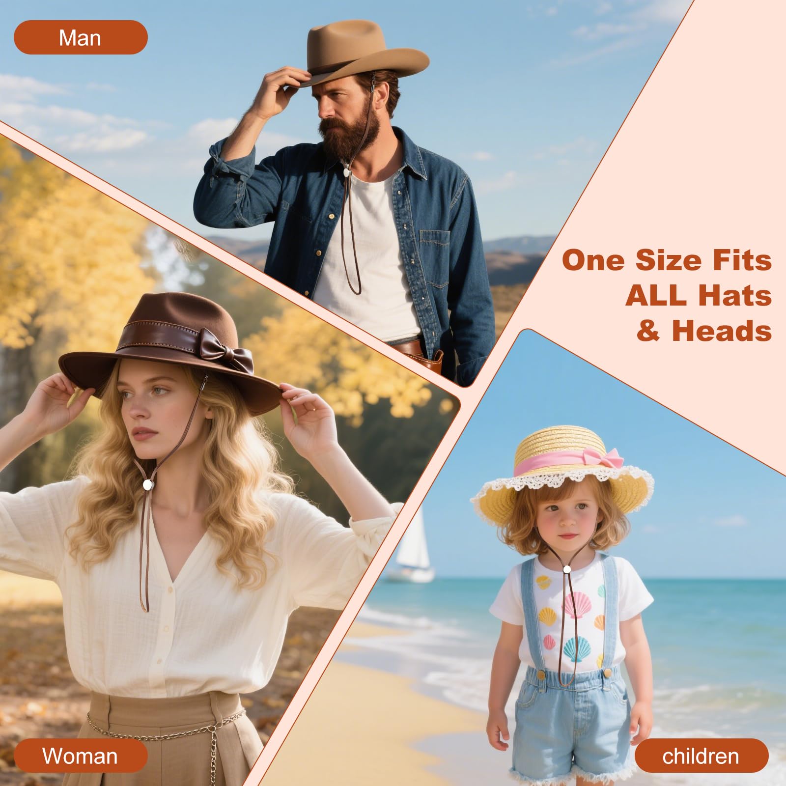 Sottogola in vera pelle, regolabile, con clip in metallo, antivento, per cappelli da cowboy, equitazione, escursionismo, attività all'aperto