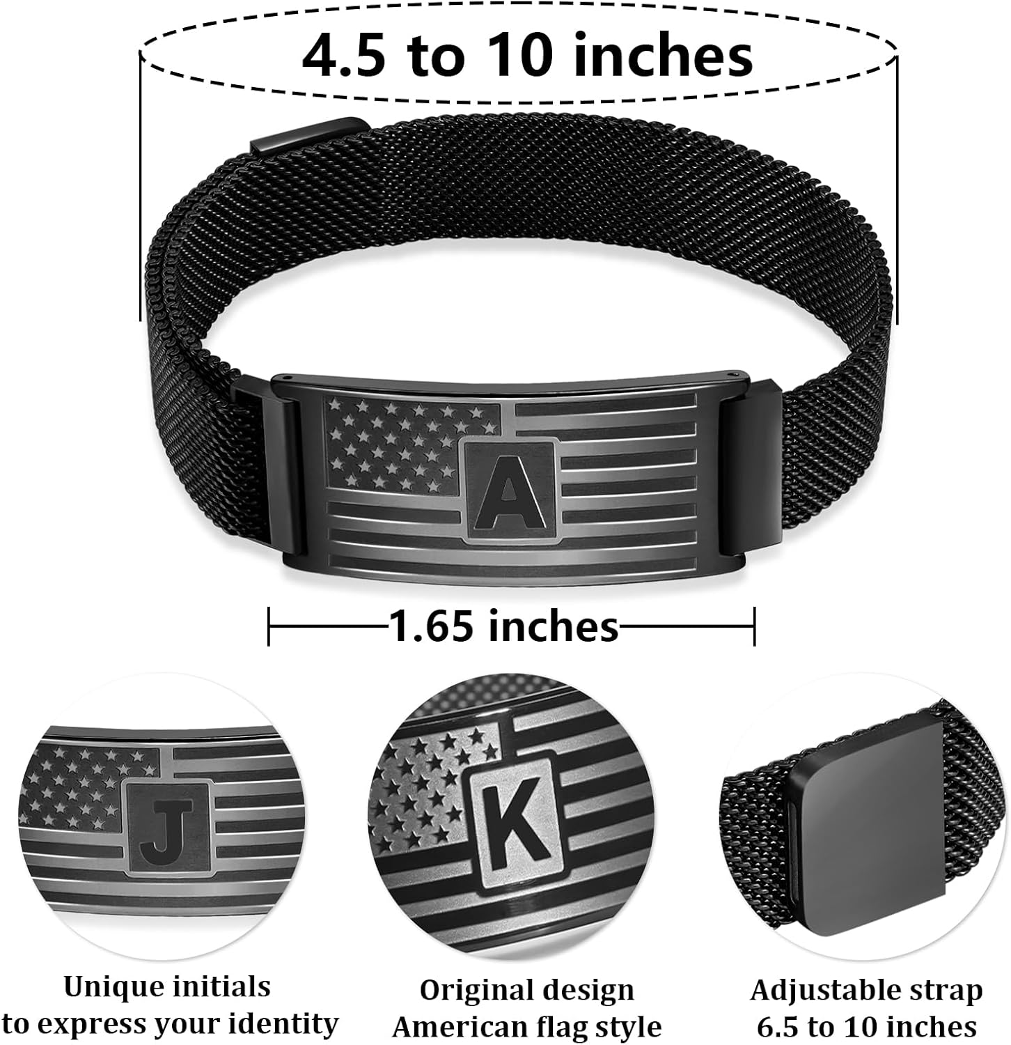 Duodiner Valentines Day Gifts for Him -Initials Bracelets for Men Boys,A-Z Capital Letters American Flag Stainless Steel Bracelet Jewelry Gifts for Men Boys Kids Son Grandson Brother Dad Husband - Image 4