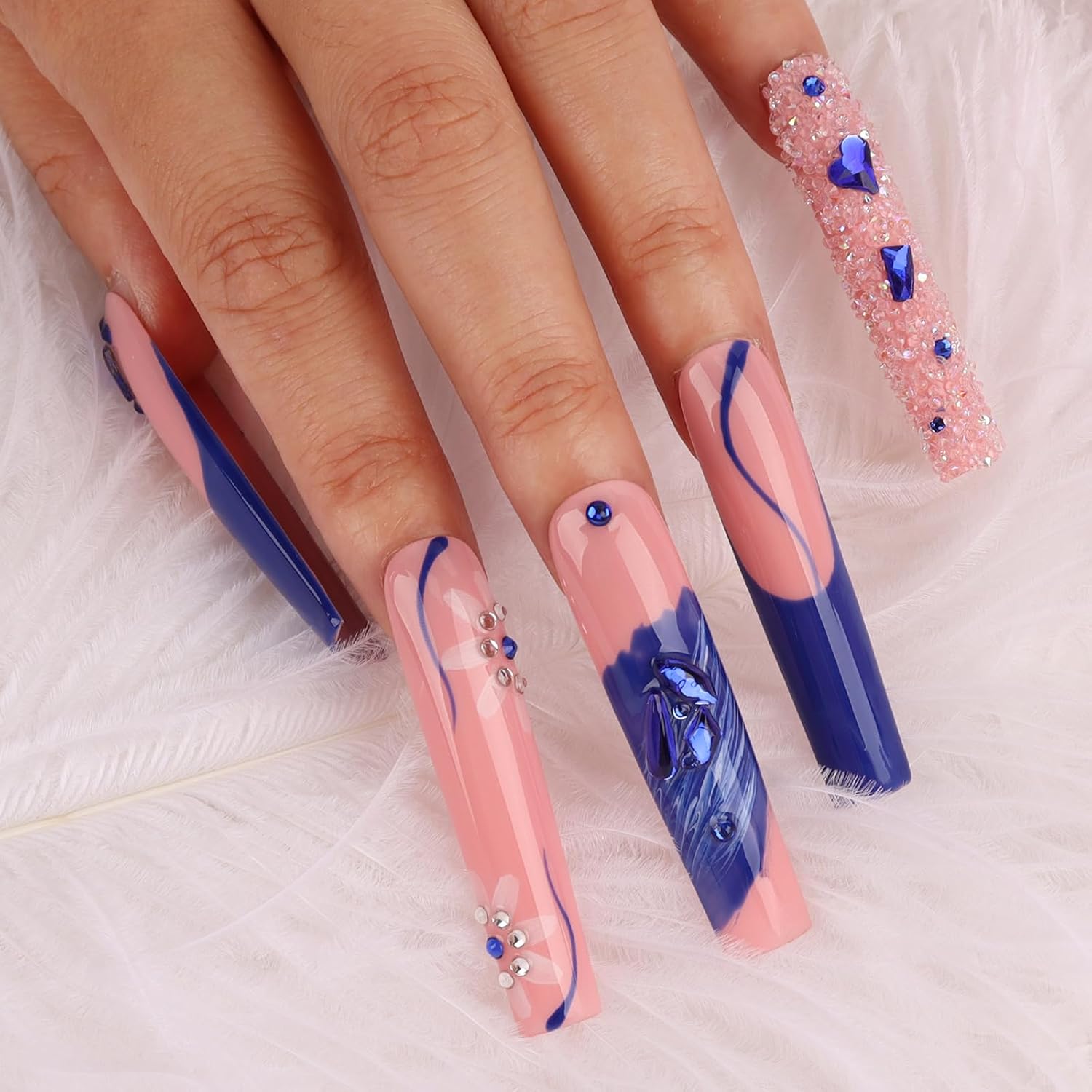 Handmade Long Acrylic Nail Tips, Pink Press on Nails with Full Covered Crystals, Fake Luxury Diamond Nails, Long Square False Nails, Gifts for Women, Reusable Stick On Nails 10Pcs,Bluish pink Size L