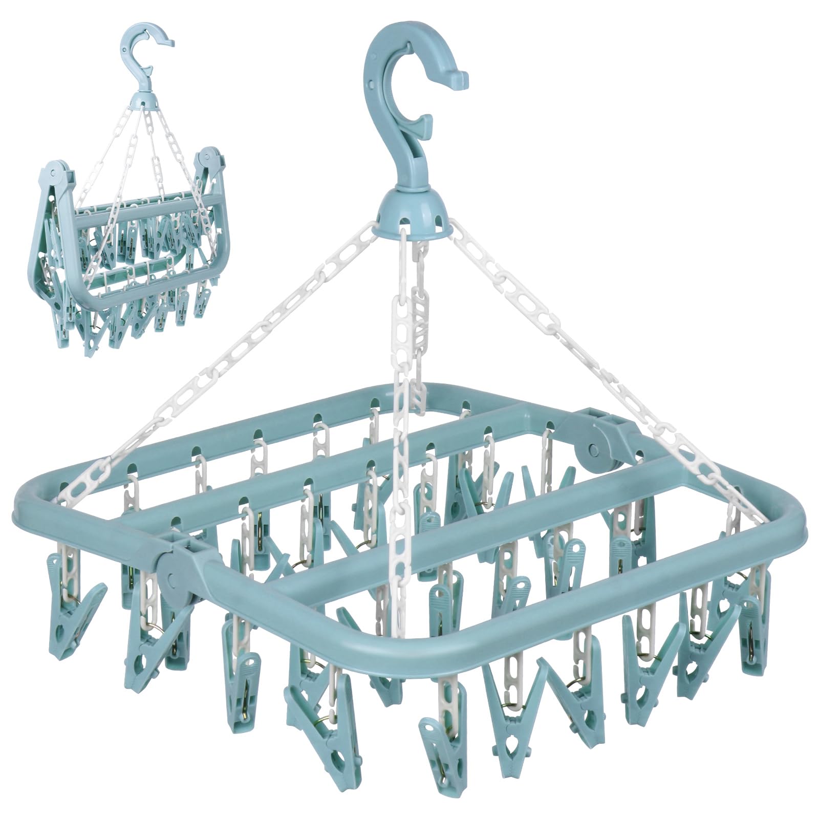 GAOHUI Foldable Clothes Drying Rack with 32 Clips, Space-Saving Sock Hangers for Drying, Multi-Functional Clothes Pegs for Washing Line for Underwear, Baby Clothes, Hats, Socks (Blue)