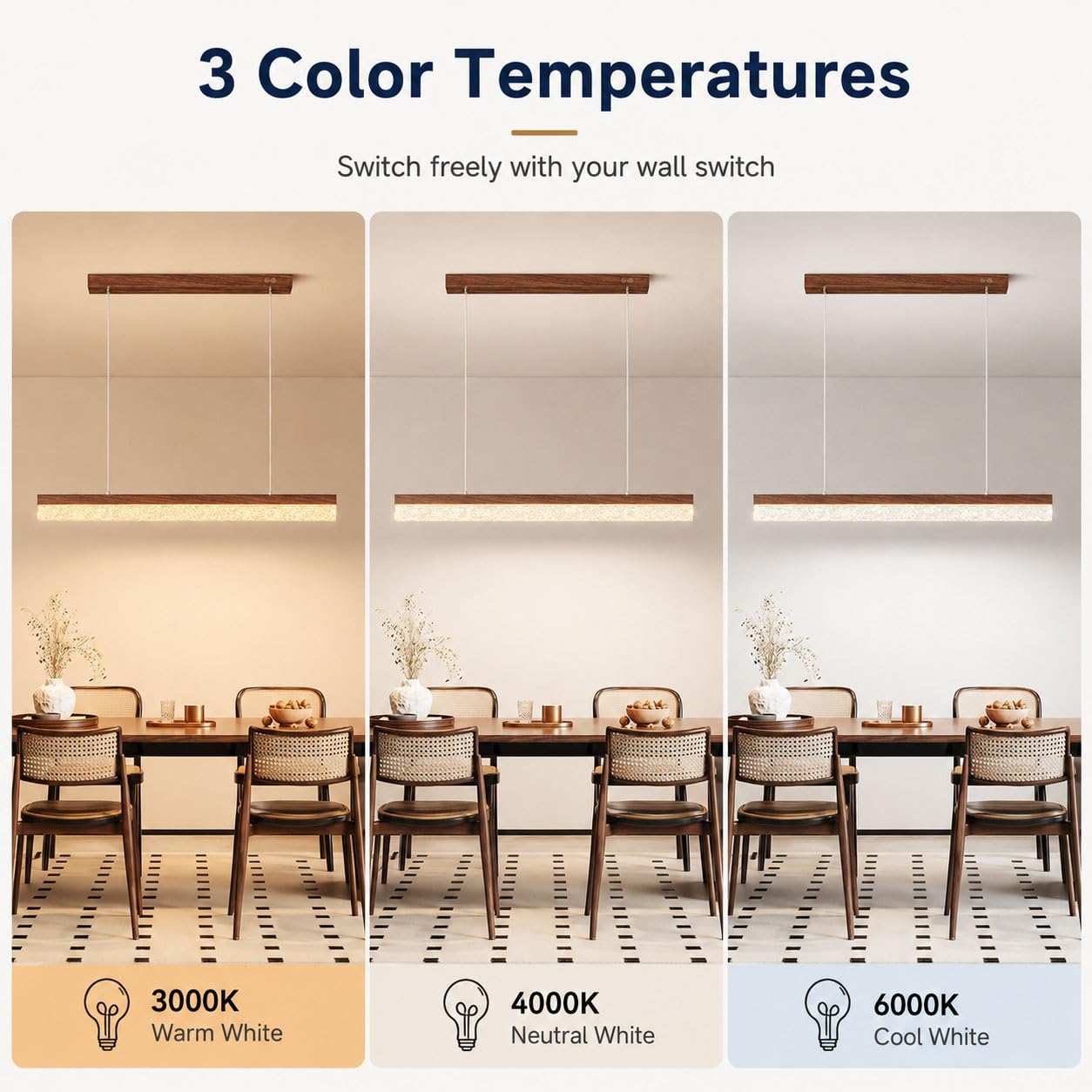Lampadario a Sospensione LED, Lampada Lineare per Tavolo da Pranzo e Isola Cucina, Colore Noce, 3 Temperature 3000K/4000K/6000K, Altezza Regolabile 0–120 cm,120cm