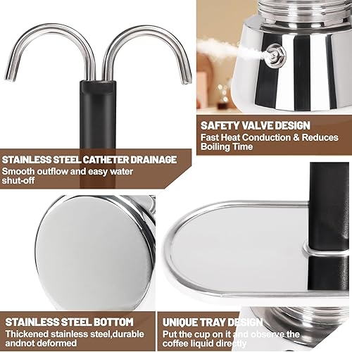 Miniatura 4 de 2 tazas de doble tubo Moka Pot de acero inoxidable para estufa de café expreso Cafeteras italianas Percolador Espress Maker Capaz Greca Mocha