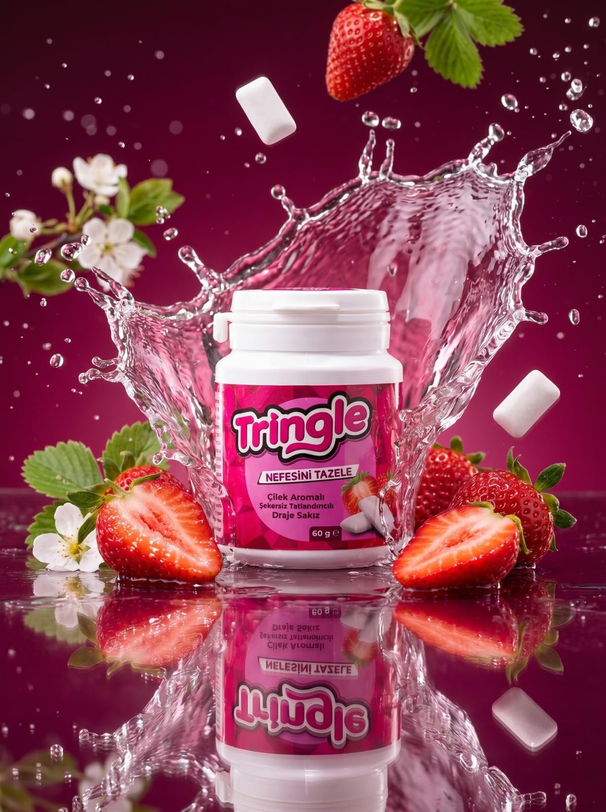 Tringle Çilek Aromalı Draje Sakız60 g | Şekersiz Tatlandırıcılı Sakız| Çilek Aromalı Pratik Draje Sakız | Günlük Kullanıma Uygun