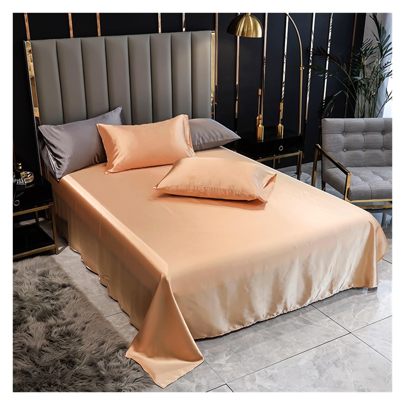 Solid Silky Satin Soft Bed Sheets,Satin Seamless Flat Sheet Optional Pillowcase(Type 5,230x260cm)
