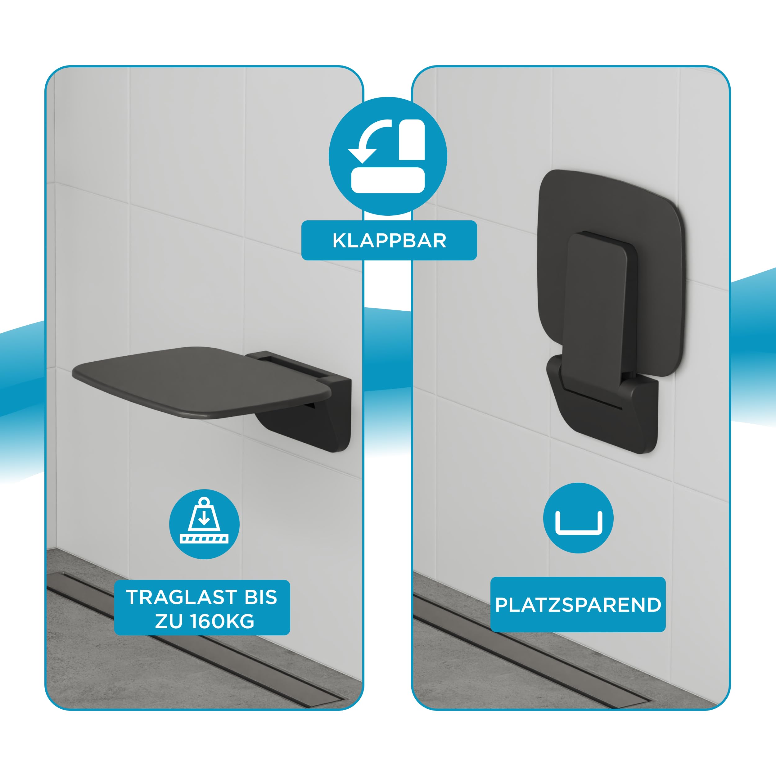 Aqua Bagno | Asiento plegable de ducha para montaje en pared, soporta hasta 160 kg | Asiento de ducha plegable negro para personas mayores