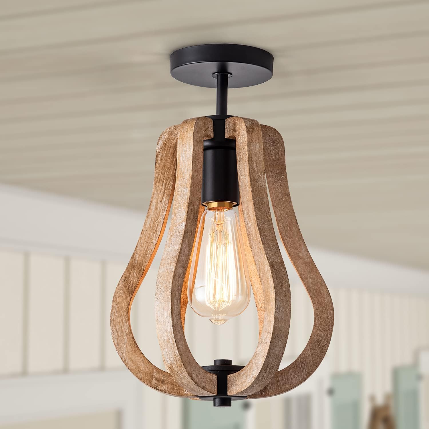 Wooden Semi Flush Mount Ceiling Light, Farmhouse Wood Close to Ceiling