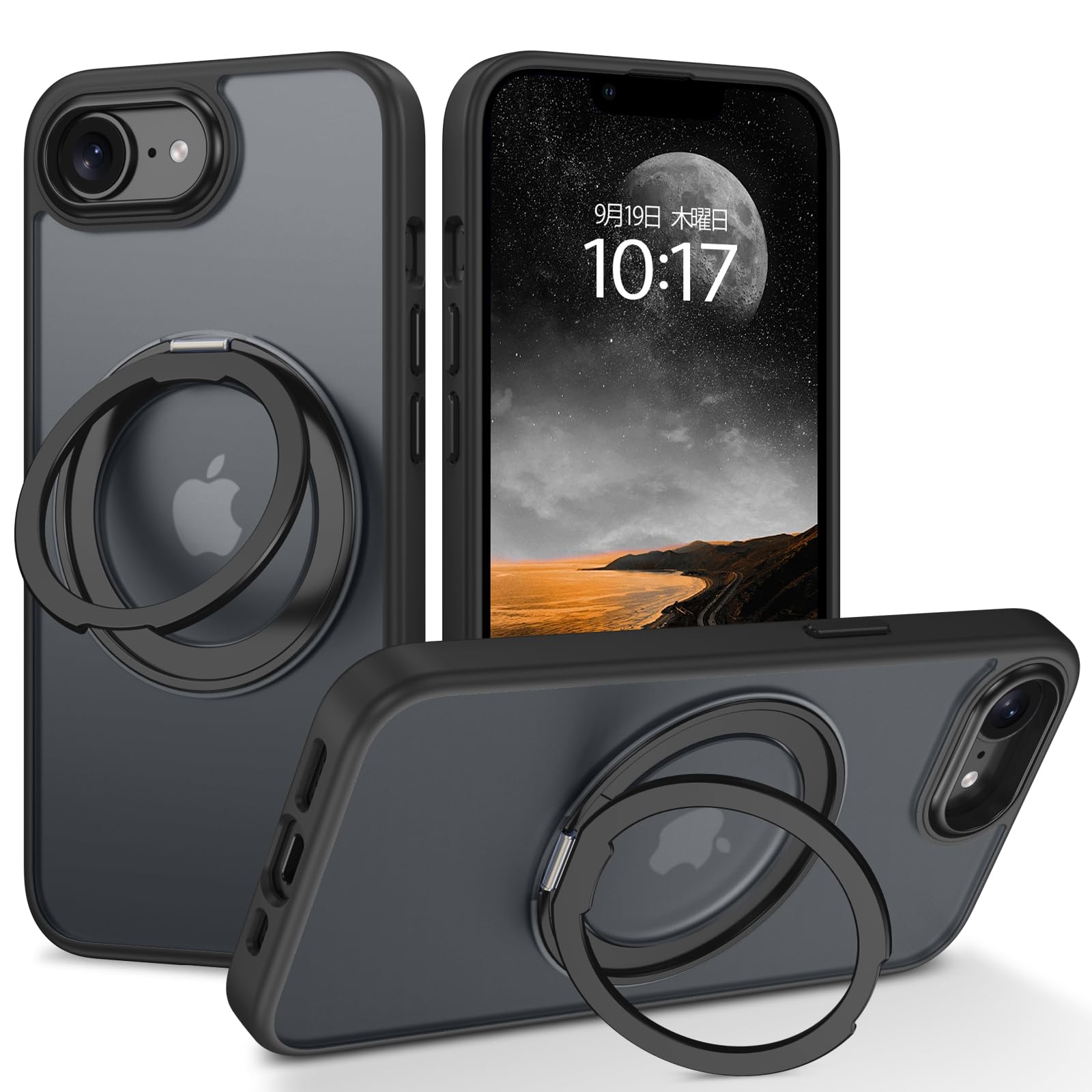 VENINGO iPhone 17e/16e ケース スタンド 【横縦両立・角度自由調整】 リング 360°回転可能 ワイヤレス充電 マグネット搭載 落下防止 耐衝撃 米軍規格 軽量 スリムフィット スマホケース TPU+PC 全面保護 擦り傷防止 半透明 黄ばみなし 指紋防止 いPhone 17e/16e(2026/2025) ケース 6.1インチ ブラック