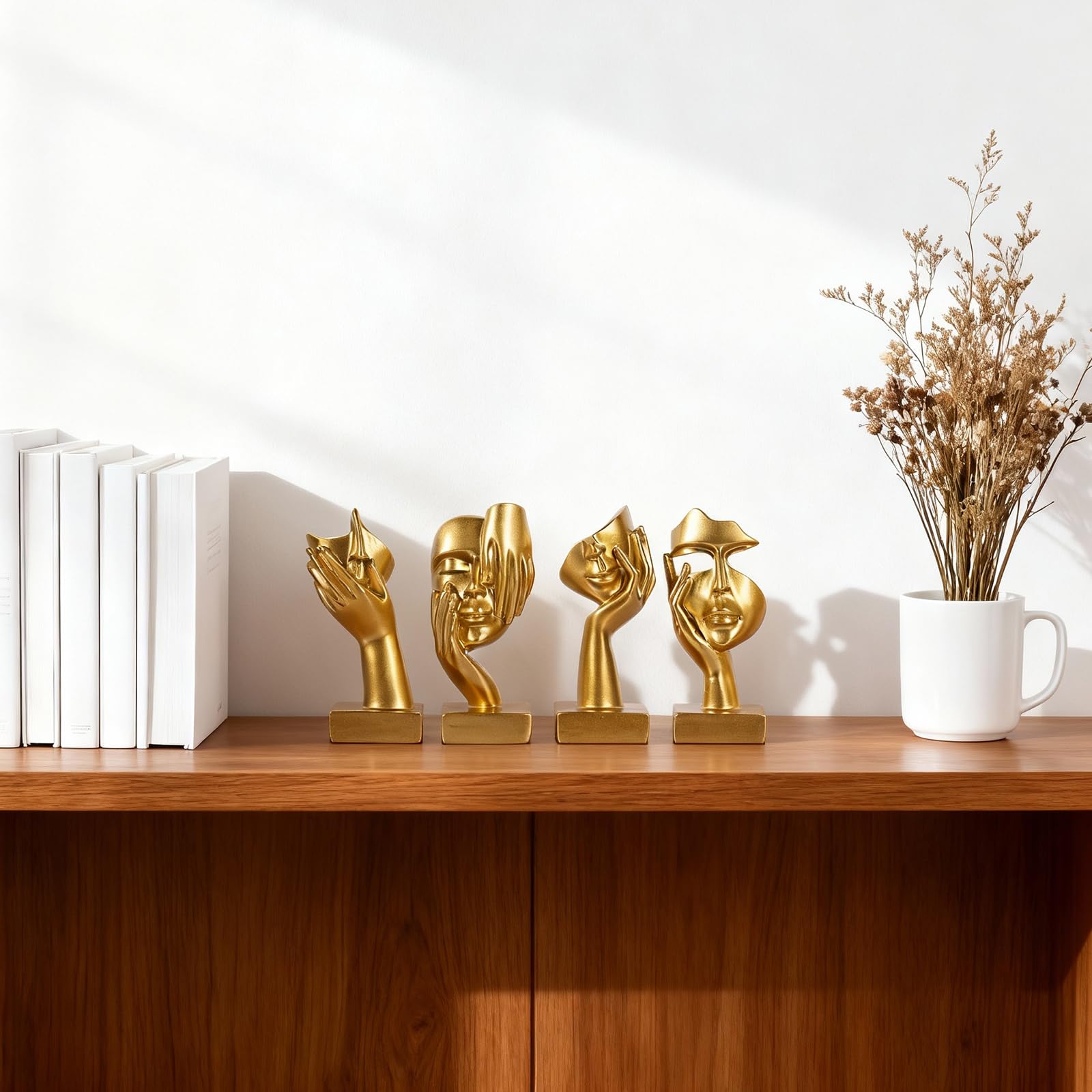Set di 4 statuette dorate astratte, scultura moderna design per soggiorno, oggetti decorativi per casa, decorazioni libreria, statuette per scaffale, scrivania e tavolino (Oro)