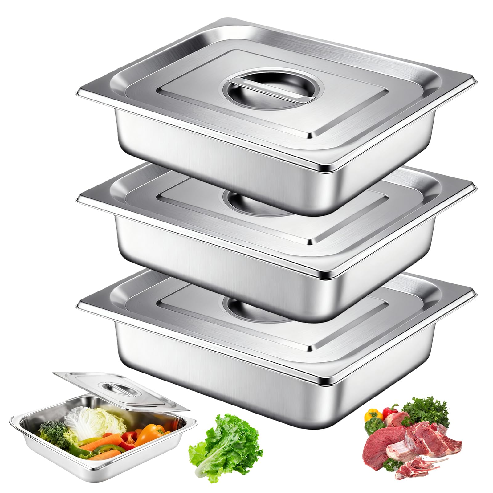 BORDEAG Lot De 3 Bols À Paner GN 1/2, Bac Inox Alimentaire, Plat Four Rectangulaire, Bac Gastro Inox Avec Couvercle, Plat Inoxydable Barbecue Pour Escalopes, Viande, Poisson, 32,5 X 26,5 X 6,5 cm