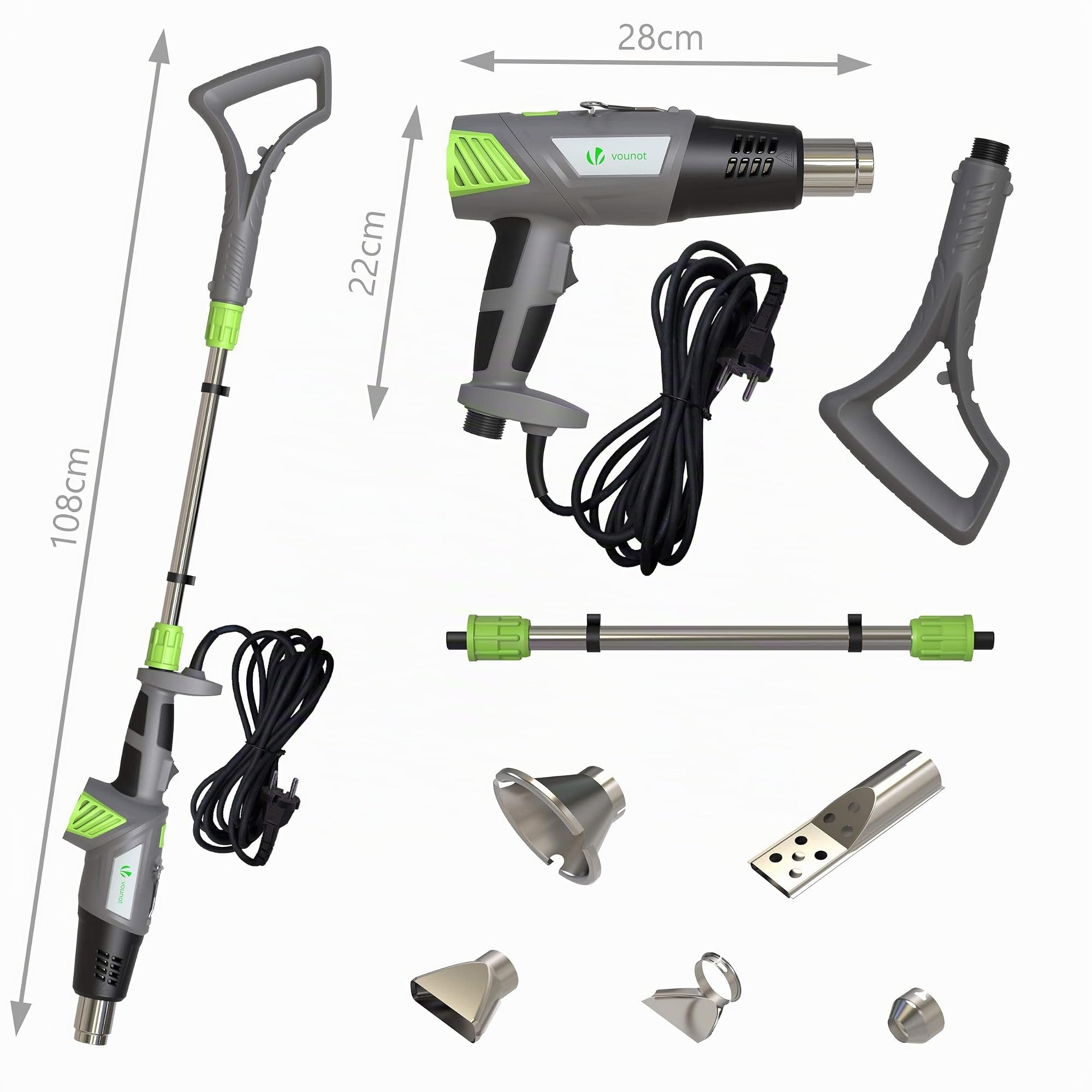 VOUNOT® 3 en 1 Quemador de Malas Hierbas Eléctrico de 2000W, Pistola de Aire Caliente, Encendedor de Barbacoa, con Cable de 5 m y 5 Boquillas, sin gas ni llama