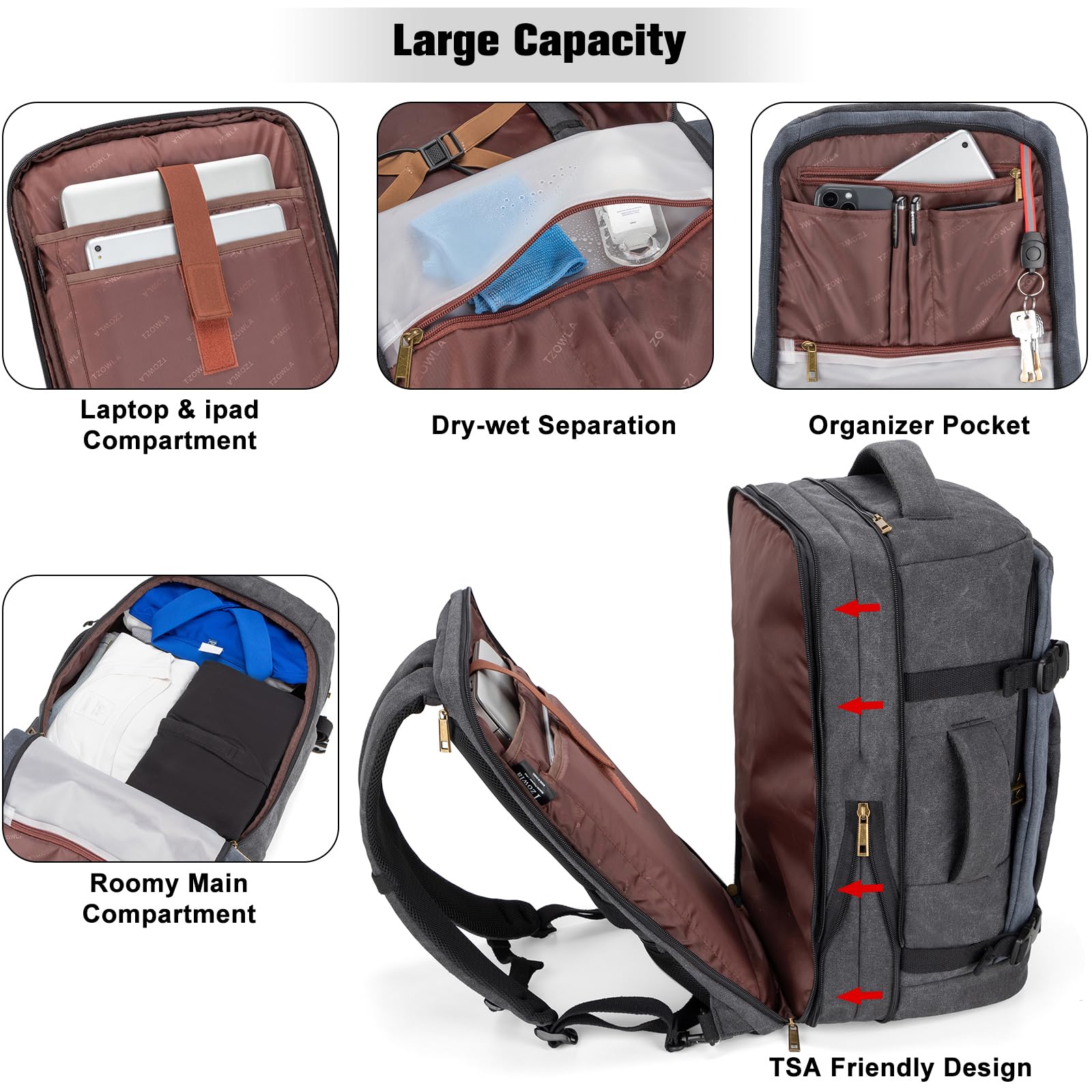 Tzowla Zaino da Viaggio Aereo Bagaglio a Mano da Uomo e Donna,Zaino 40 Litri Grande Capacità, Resistente All'acqua,17,3 Pollici Zaino Porta PC