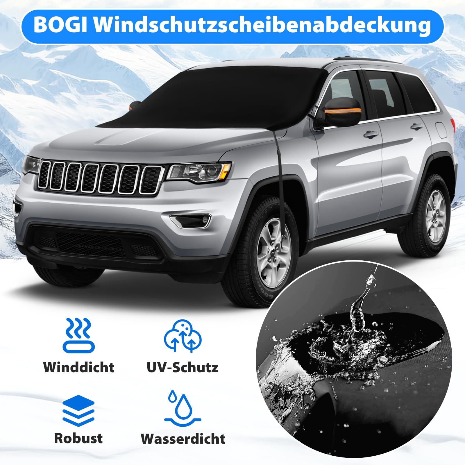BOGI Frontscheibenabdeckung Winter, 600D wasserdichte & EIS Schnee Windschutzscheibenabdeckung Auto Frostabdeckung Sonnenschutz Winschutzscheiben Abdeckung Faltbar für Auto SUV LKW (195x120CM)