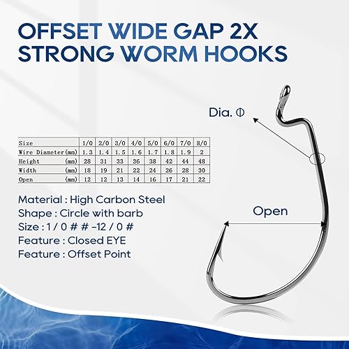 Miniatura 2 de Fishing Hooks Offset Shank Worm Hooks Extra Wide Gap 2X Strong Carbon Steel Bait Jig for Bass Fishing Trout Catfish Saltwater Freshwater 30 40 50