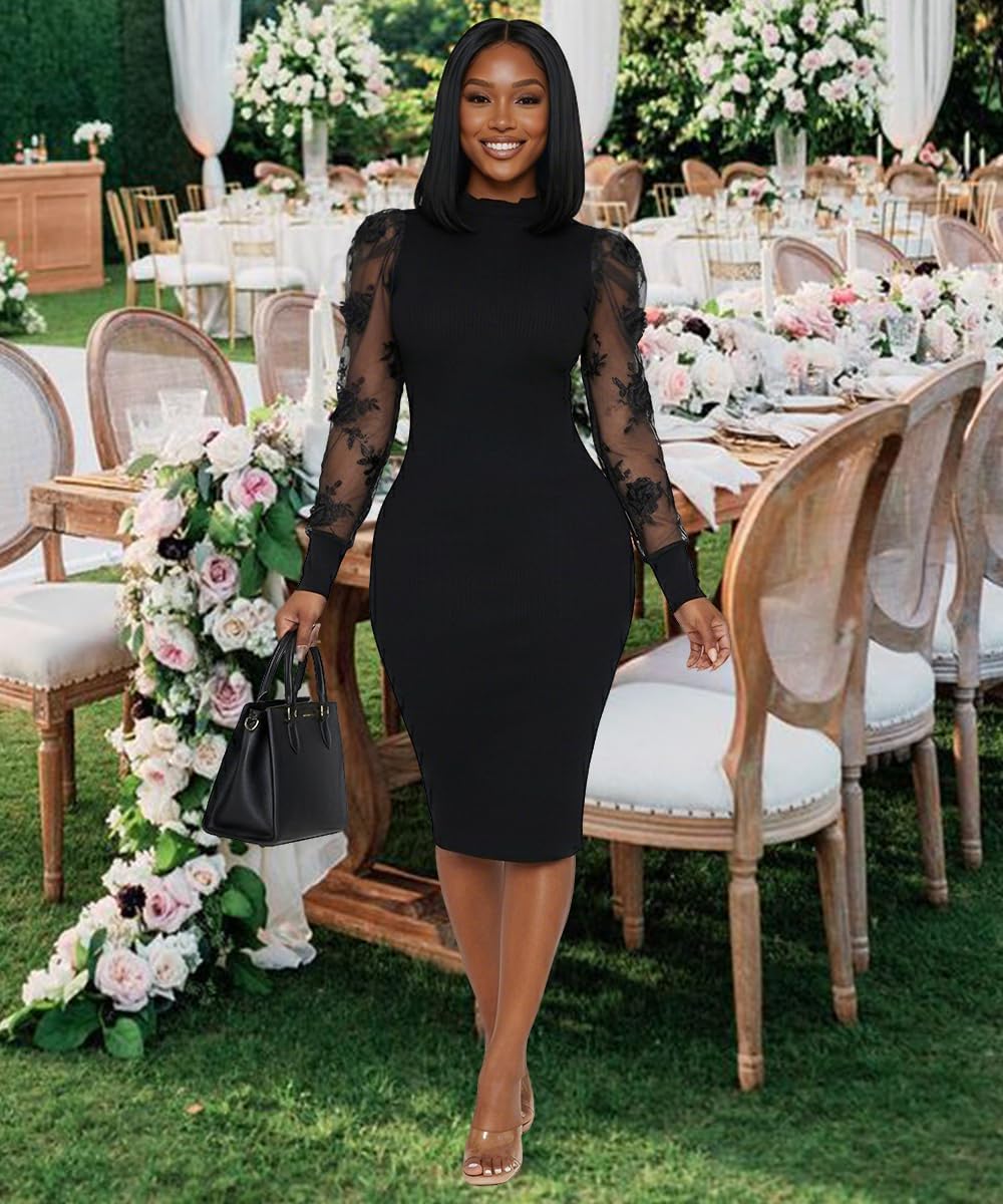 Holiday Cocktail Dresses for Women Lace Long Sleeve Ribbed Bodycon Midi Dress Mock Neck Wedding Guest Night Club Outfits - Image 5