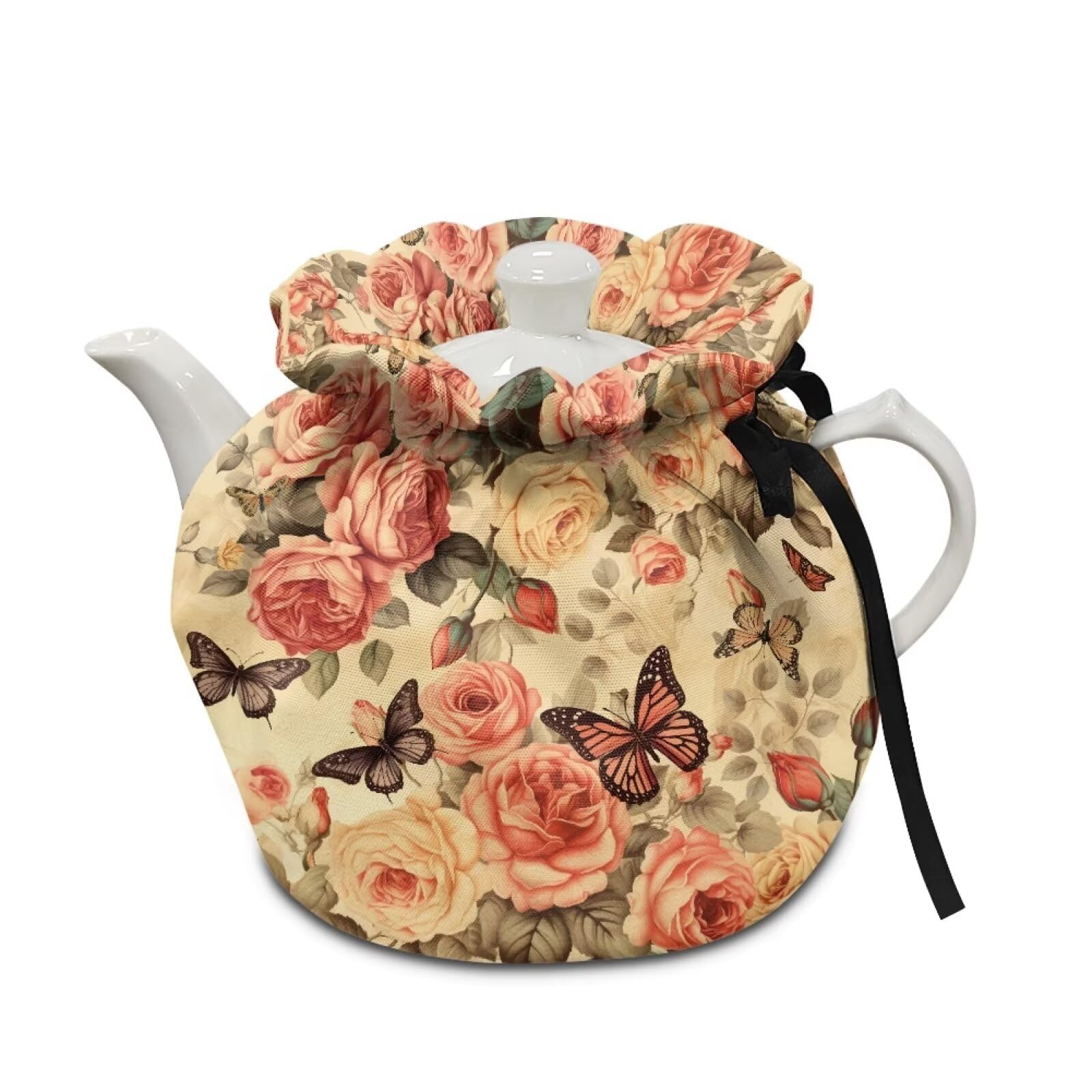 Retro Butterfly Roses Dustproof Tea Pot Cozies Durable Tea Cosy Insulation and Keep Warm Kitchen Home Decorative Tea Pots Cover Both Sides Can Be Used
