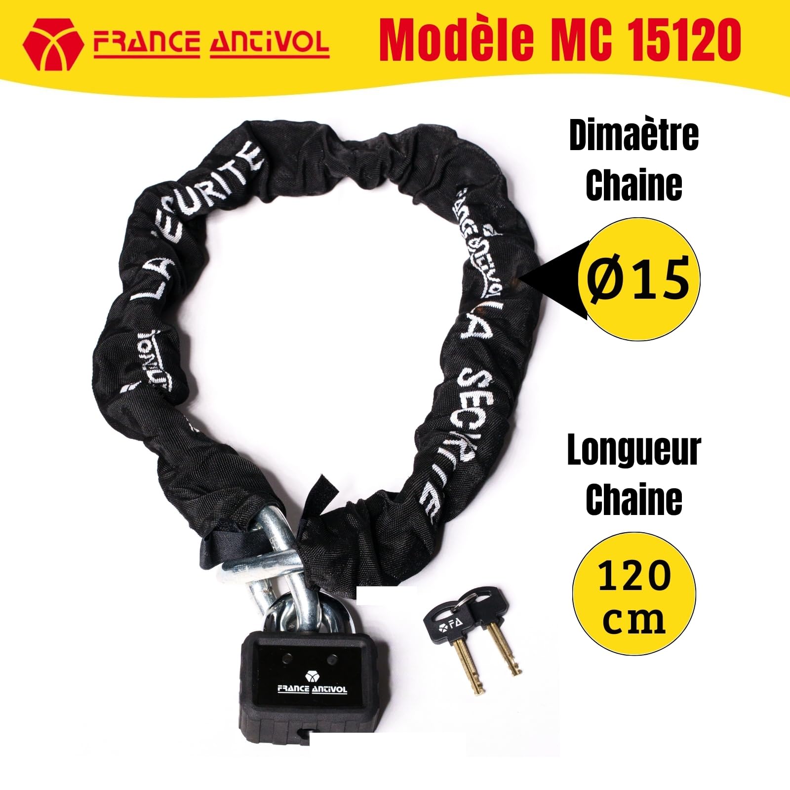 Chaine Antivol Moto SRA Longueur 120cm - Ø15mm - Chaine Antivol Moto en Acier Cémenté Conforme Aux Normes de Sécurité Française Pour Moto et Scooter - Clé réversible (Chaine ELITE MC 15120)