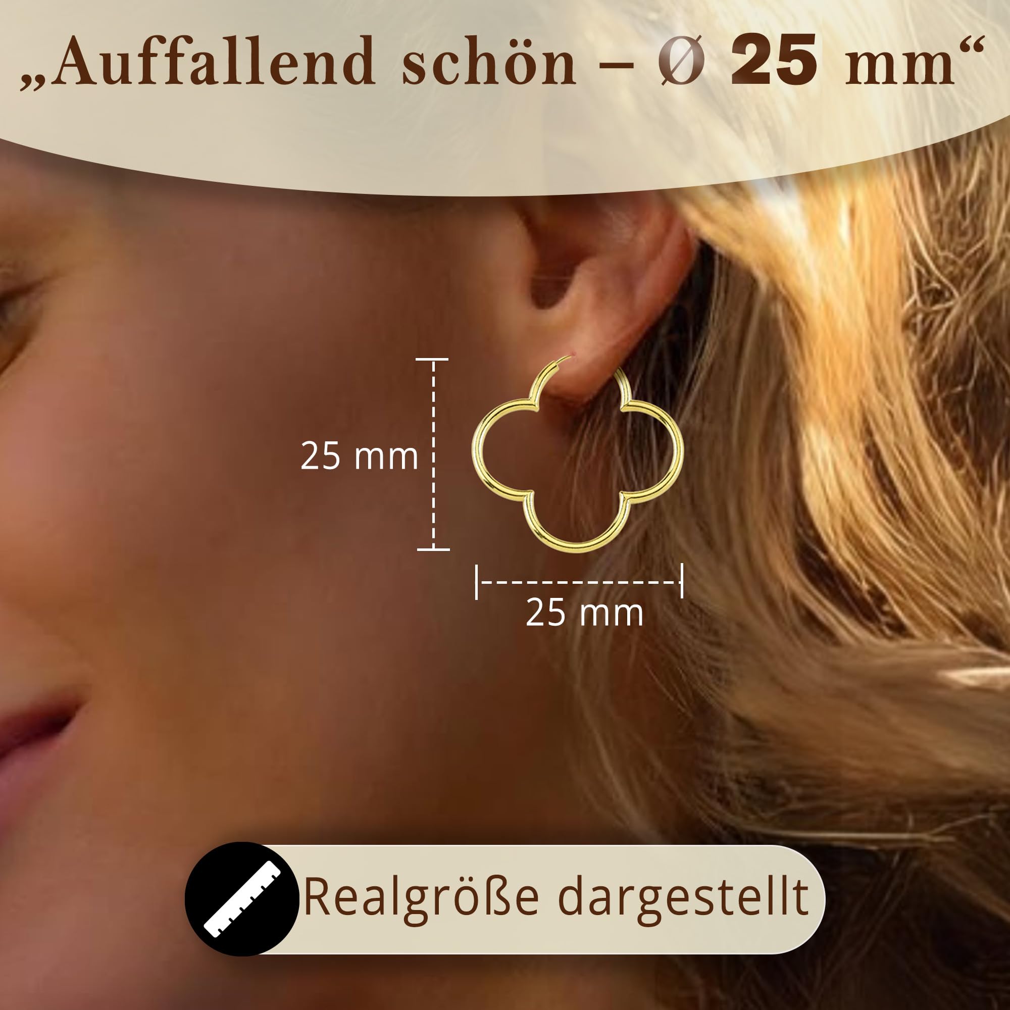 Cassini Damen Kleeblatt-Creolen Silber, 18K vergoldet oder Roségold (⌀ 25-55mm) – Hochglanzpolierte Kleeblatt-Ohrringe, große hypoallergene Creolen mit sicherem Klappverschluss, Schmuck für Frauen