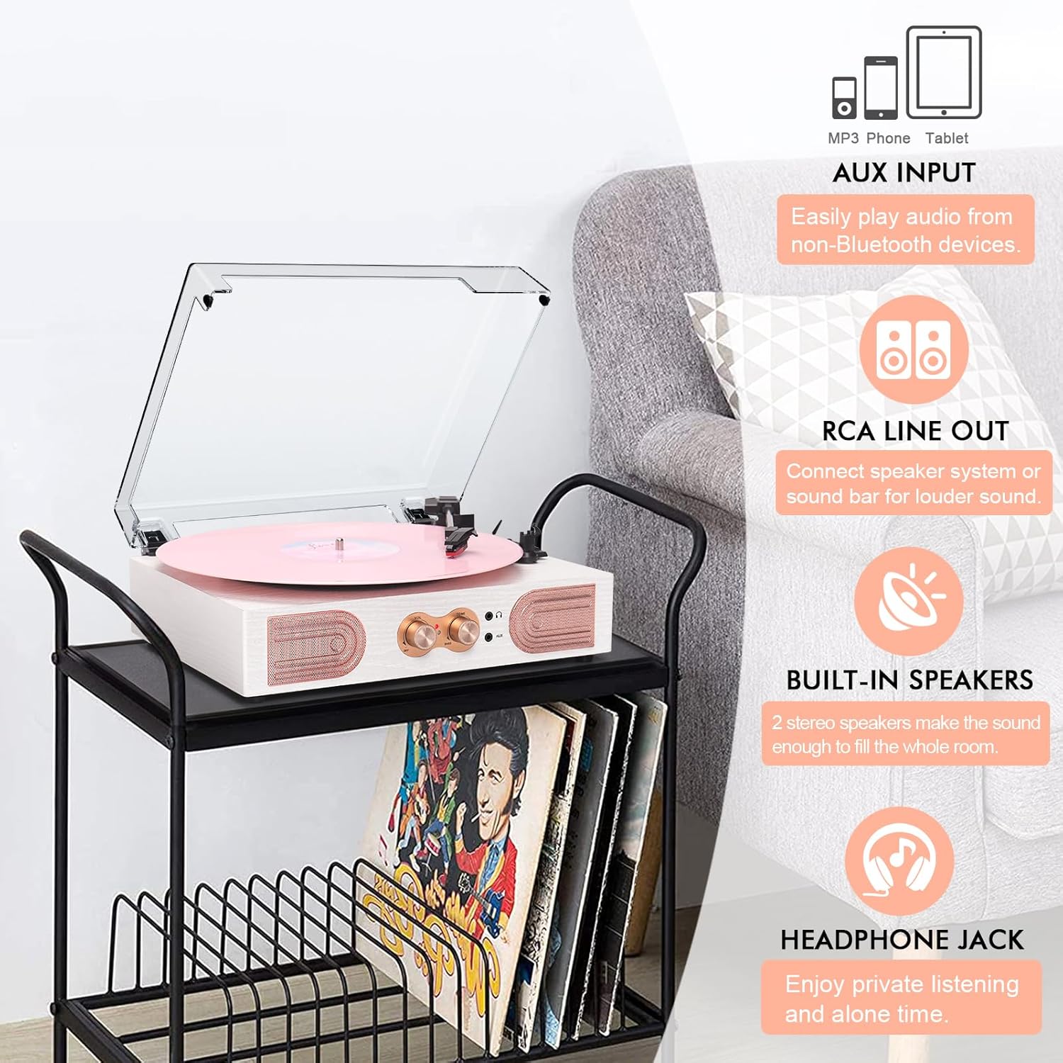 Color White  rose Gold Vinyl Record Player with Built-in Speakers 3-Speed Vintage Record Player Support Treble& Bass Control, 3.5mm Headphone Jack, RCA-Out/Aux in, Belt-Driven LP Turntable,White Rose Gold