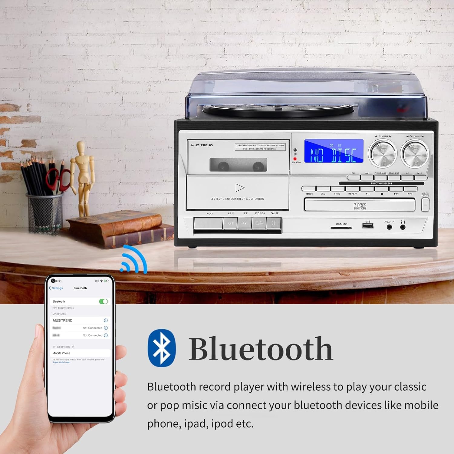 Fonografo vintage multifunzionale versatile Giradischi in vinile regolabile a 3 velocità con giradischi Cassetta CD Radio FM/AM Durata, Efficienza