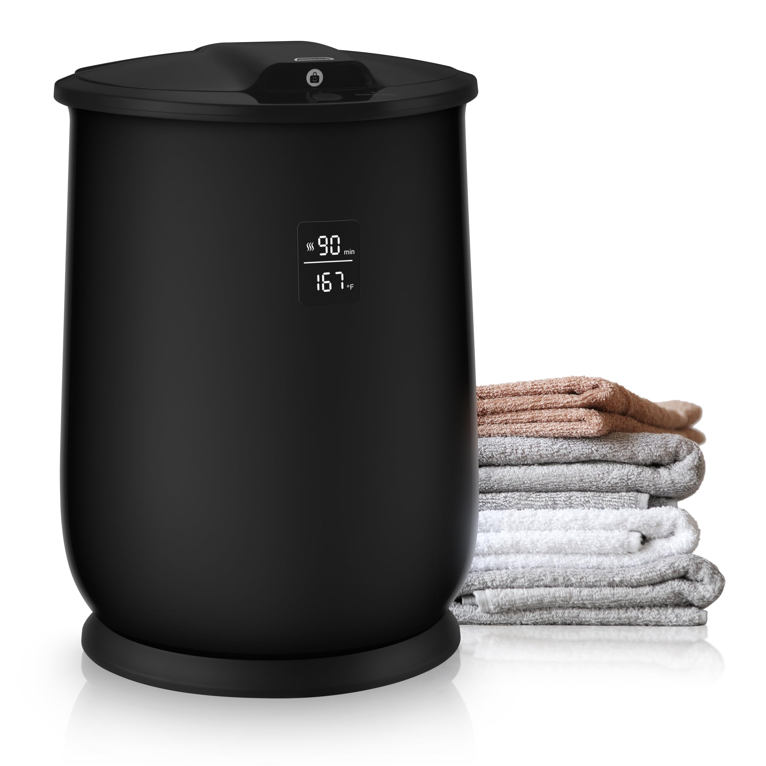 Towel Warmer, Upgraded 20L Capacity Towel Warmers for Bathroom, Luxury Towel Warmer Bucket with Child Safety Lock for Blankets, Bathrobes, PJs, and More (4 Timer Settings, Auto Shut Off, BLACK)