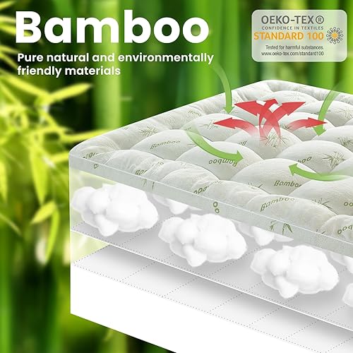 Miniatura 2 de LIANLAM Cubrecolchón de bambú tamaño Queen, 1200 GSM, protector de colchón extra grueso para dolor de espalda, funda protectora de colchón suave con