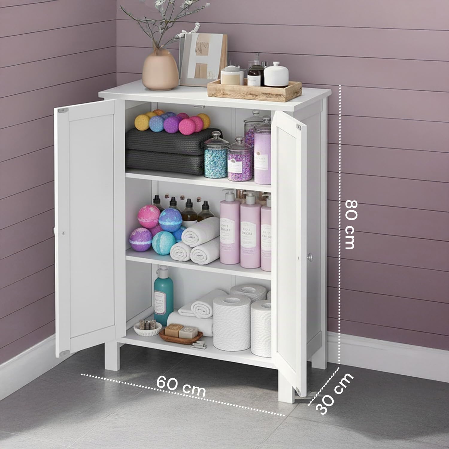 Avilia - Mobiletto Bagno Salvaspazio in MDF con 3 Ripiani Regolabili e 2 Ante con Chiusura Magnetica, Armadietto Multiuso Compatto per Organizzare Casa, Ideale per Bagno Cucina o Ingresso