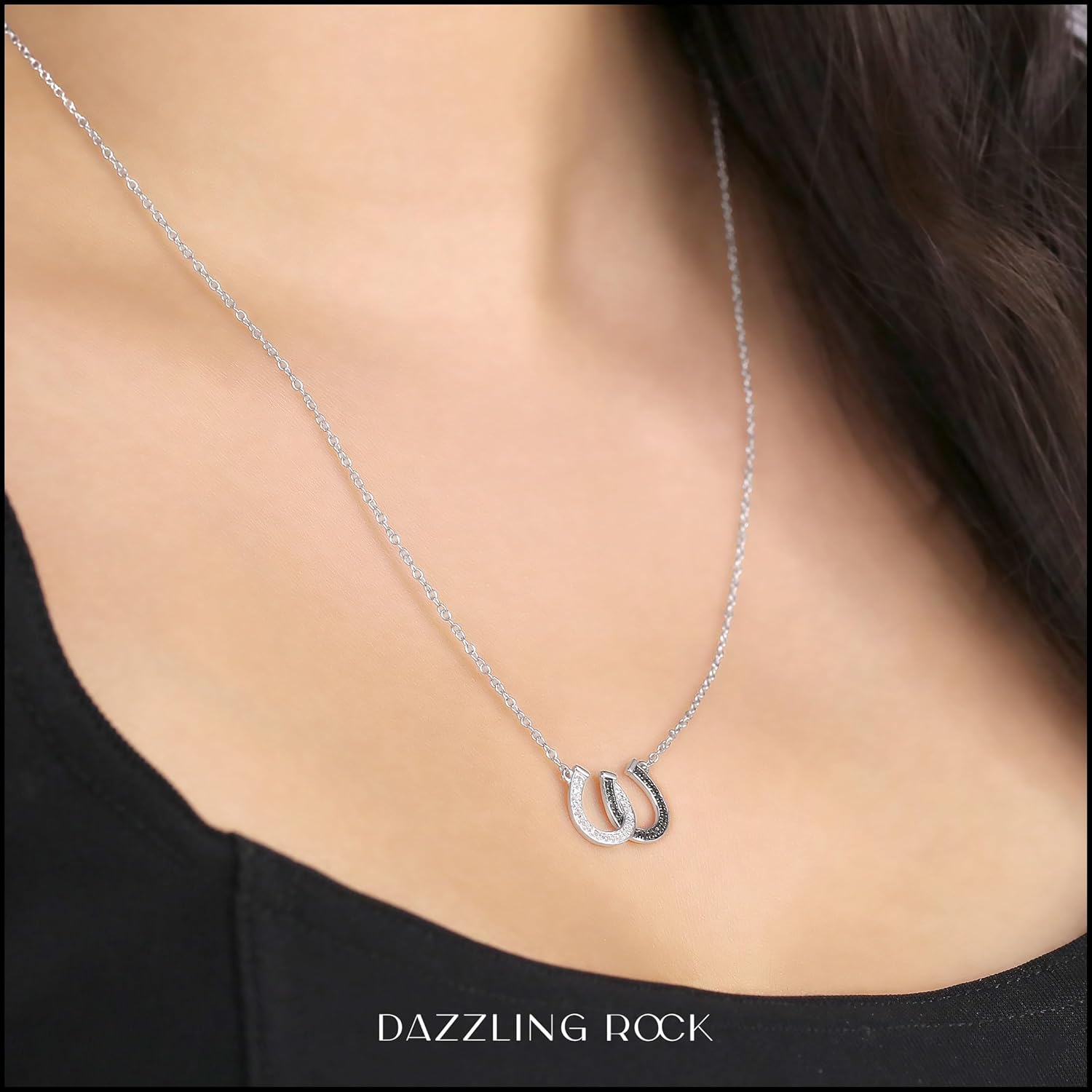 Dazzlingrock Collection 0.12 Carat (Ctw) Round Black & White Diamond Double Horseshoe Pendant with 18 inch Silver Chain for Women in in 925 Sterling Silver