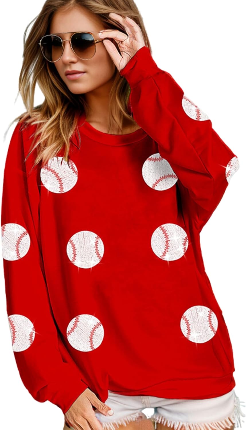 Xunger Women’s Crewneck Long Sleeve Baseball Sequin Pullover Sweatshirt Loose Fit Casual Patches Gameday Tops