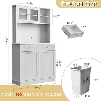 Double Tilt Out Trash Cabinet Storage Cabinet 20 Gallon with Two Solid Wood Hideaway Trash Holder Drawers, Dual Wooden Free Standing Recycling Cabinets Trash Can Bin Kitchen (White)