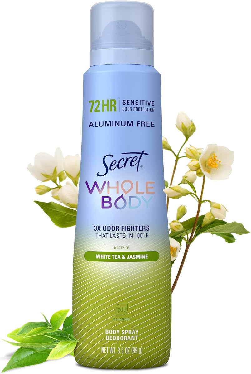 Desodorante de cuerpo entero para mujeres, aroma a té blanco y jazmín en aerosol, desodorante en aerosol sin aluminio, protección contra olores 72 HR, 3.5 oz