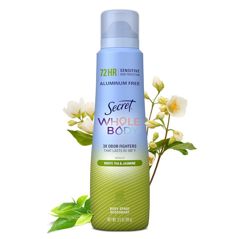 Desodorante corporal Secret em spray, fragrância White Tea & Jasmine, sem alumínio, 100 mL