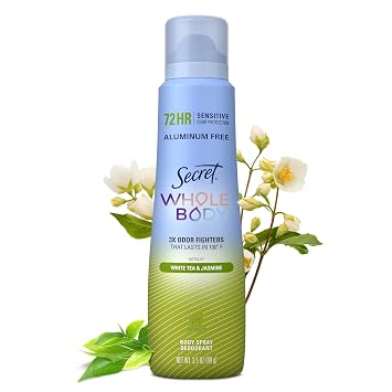 Secret Whole Body Deodorant for Women, Spray White Tea & Jasmine Scent, Aluminum Free Deodorant Spray, 72 HR Odor Protection, 3.5 oz