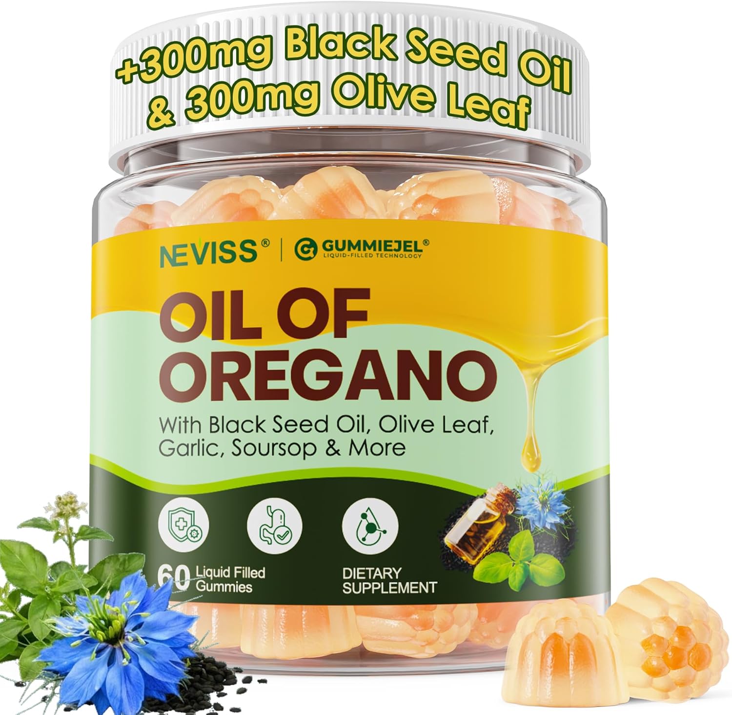 Oil of Oregano with Black Seed Oil Gummies, Elderberry & Garlic, 12-in-1 Oregano Oil Supplement w/ Vitamin C, D3 & Zinc for Immune & Respiratory Support, Aceite de Orégano Cápsulas Replacement, 60 Cts