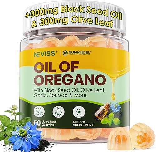 Oregano Oil with Black Seed Oil Filled Gummies, 12 IN 1 Oil Of Oregano Supplement for Immune & Digestive w/ High Carvacrol & Thymoquinone, Olive