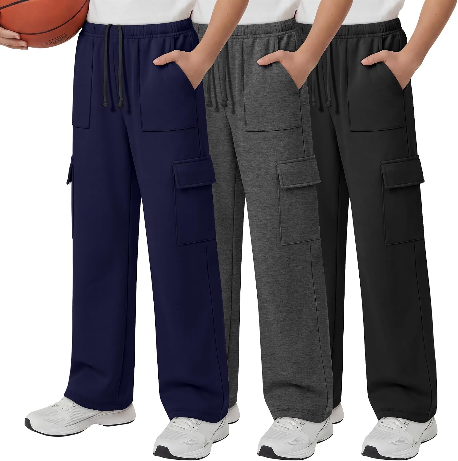 3 Pack Boys Cargo Sweatpants Athletic Wide Leg Pants 6-16 Years Elastic Drawstring Casual Joggers with 4 Pockets