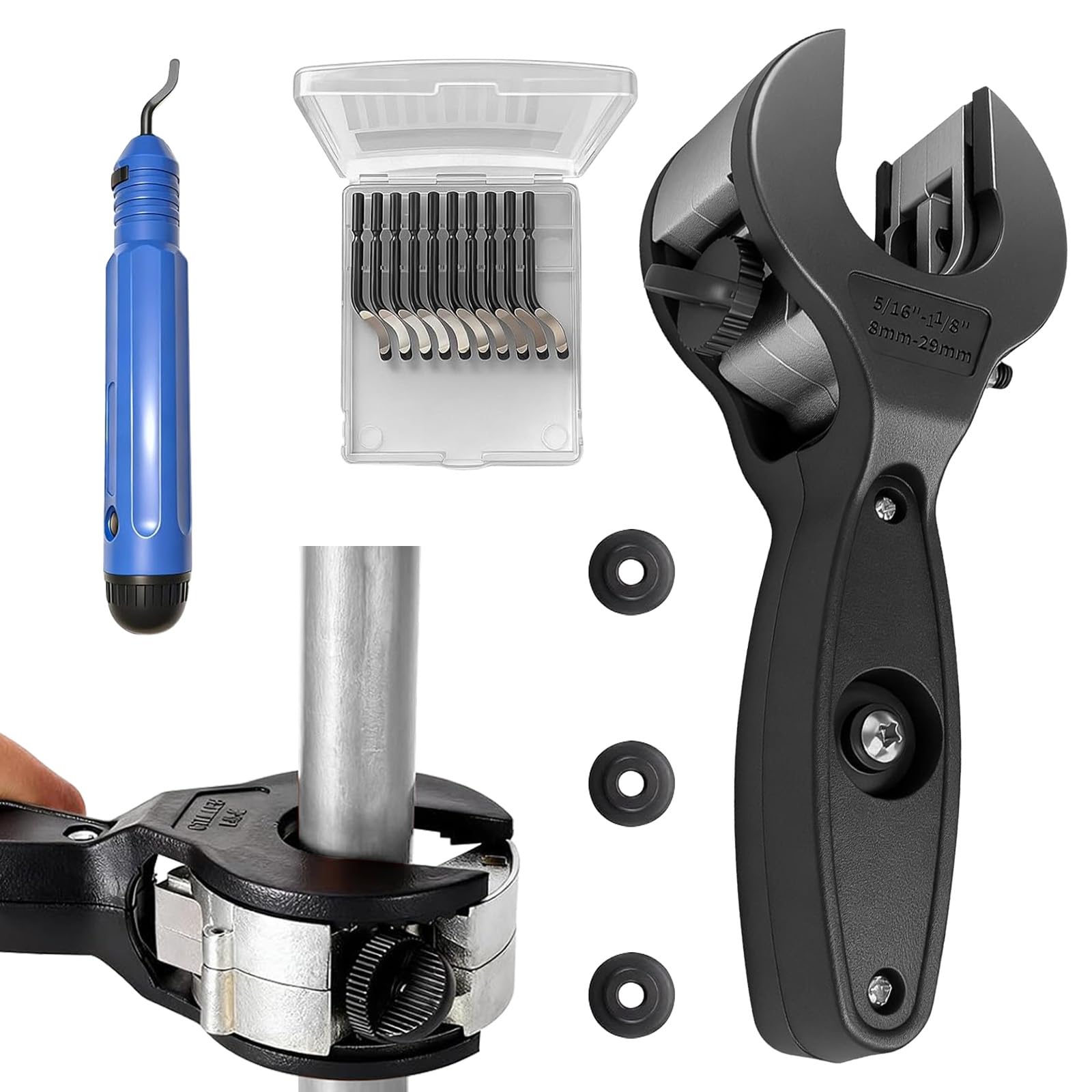 Set tagliatubi a cricchetto 8-29 mm per rame acciaio inox alluminio plastica con 3 rotelle e sbavatura