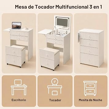 3 in 1 Dressing Table with Lighting, Small Dressing Table with Folding Mirror, 3 Drawers, Padded Stool with Storage Space, Dressing Table for Bedroom, Apartment, White