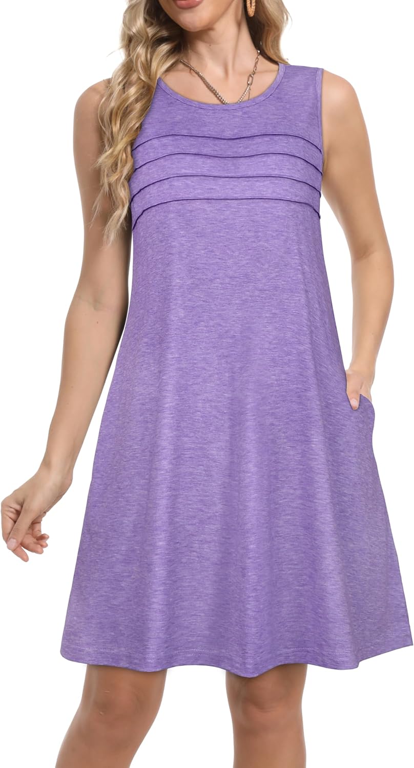 Sundresses for Women Casual Summer Pleated Front Loose Sleeveless Tank Dress with Pockets - Image 4