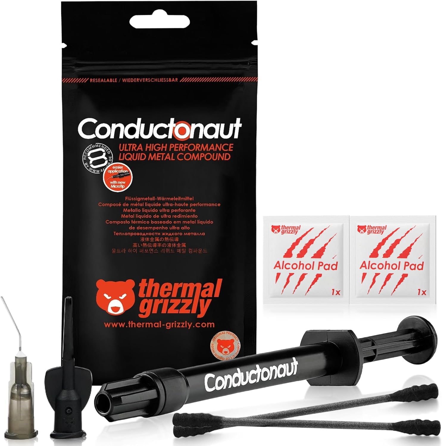 Thermal Grizzly Conductonaut Thermal Grease - 1 Gram Set + 3 Applicator + Spatulas & Pads - Liquid Metal Thermal Paste for Cooling The CPU, GPU Value Pack